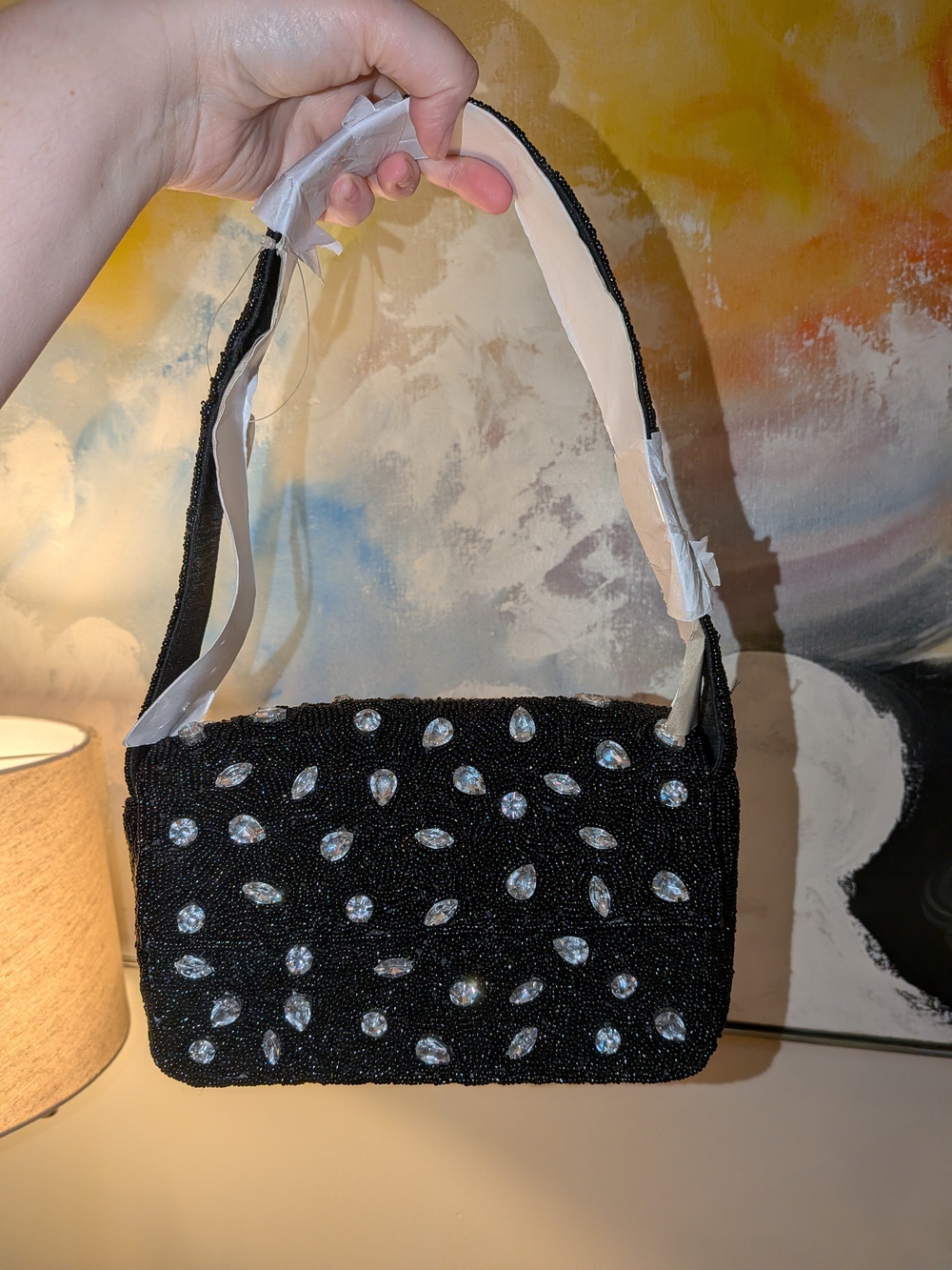 On 34th Black Beaded Shoulder Bag with Bedazzled Shine Embellishments